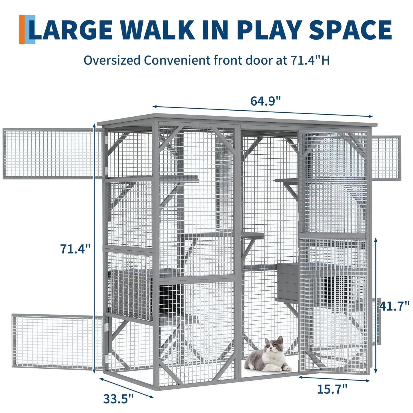 HiMISS Large Walk In Cat Catio Enclosure Weather Resistant Cedar Multi Level With Window And Locking Doors For Cats