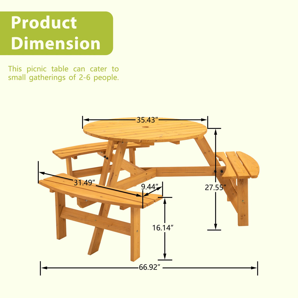 Solid Wood Round Picnic Table Set With Three Outdoor Benches
