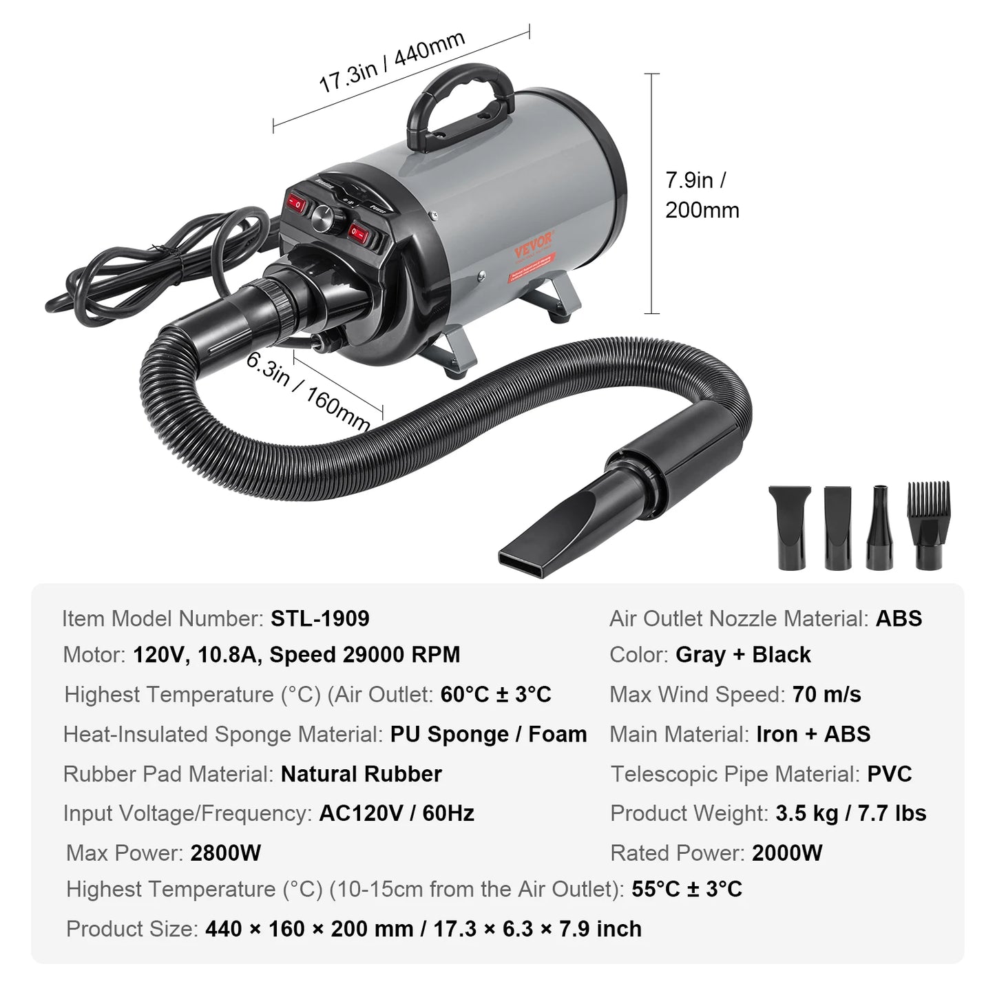 SucceBuy 2000W Pet Blow Dryer With Adjustable Speed And Nozzles