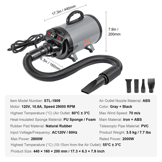 SucceBuy 2000W Pet Blow Dryer With Adjustable Speed And Nozzles