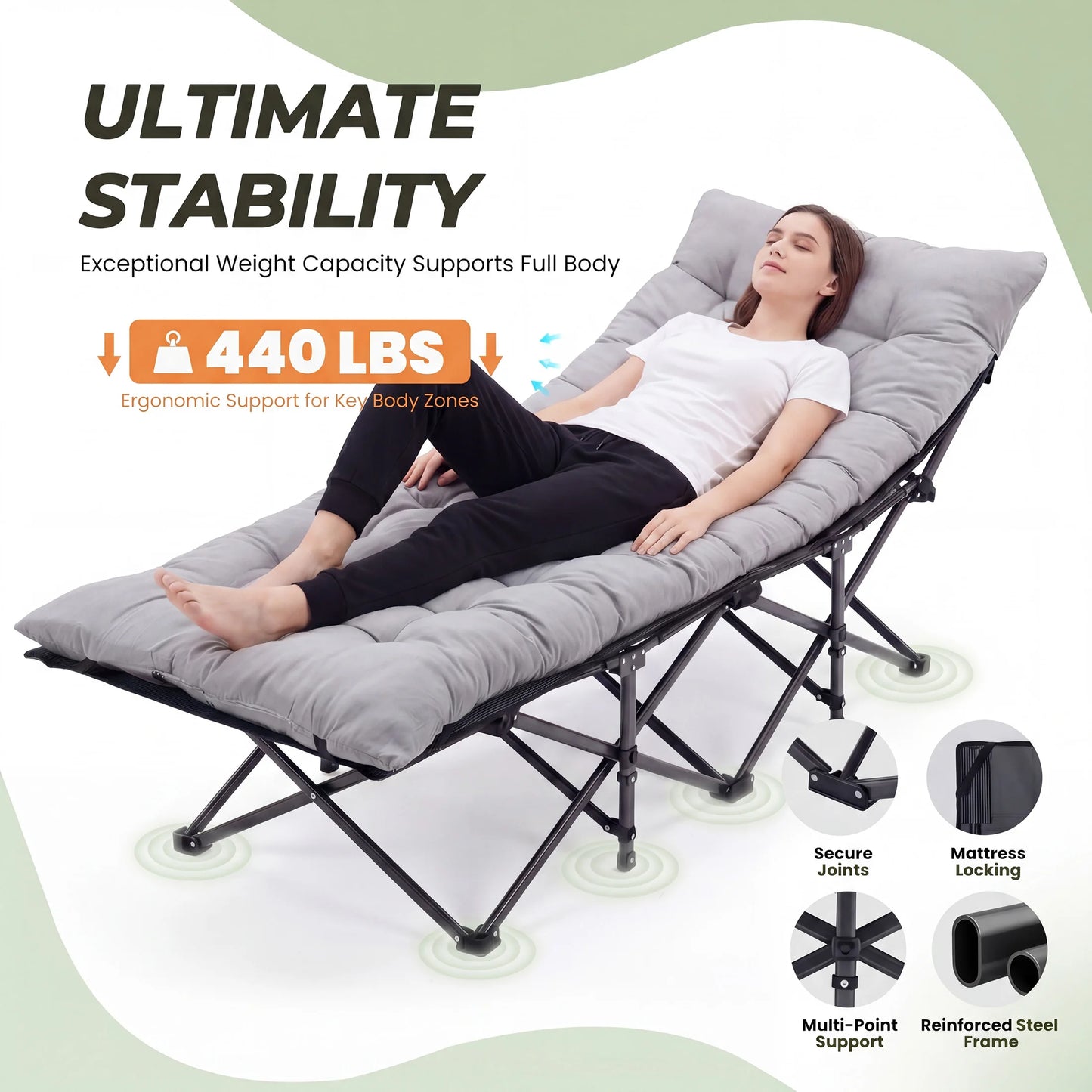 JHK Folding Camping Bed Lounge Chair Beach Portable Sturdy Frame