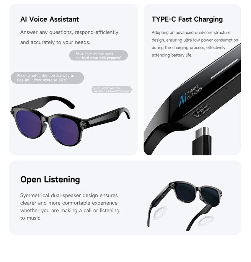 Smart glasses with a camera, 8-megapixel HD resolution, 3 interchangeable lens options, image stabilization, photo and video cap