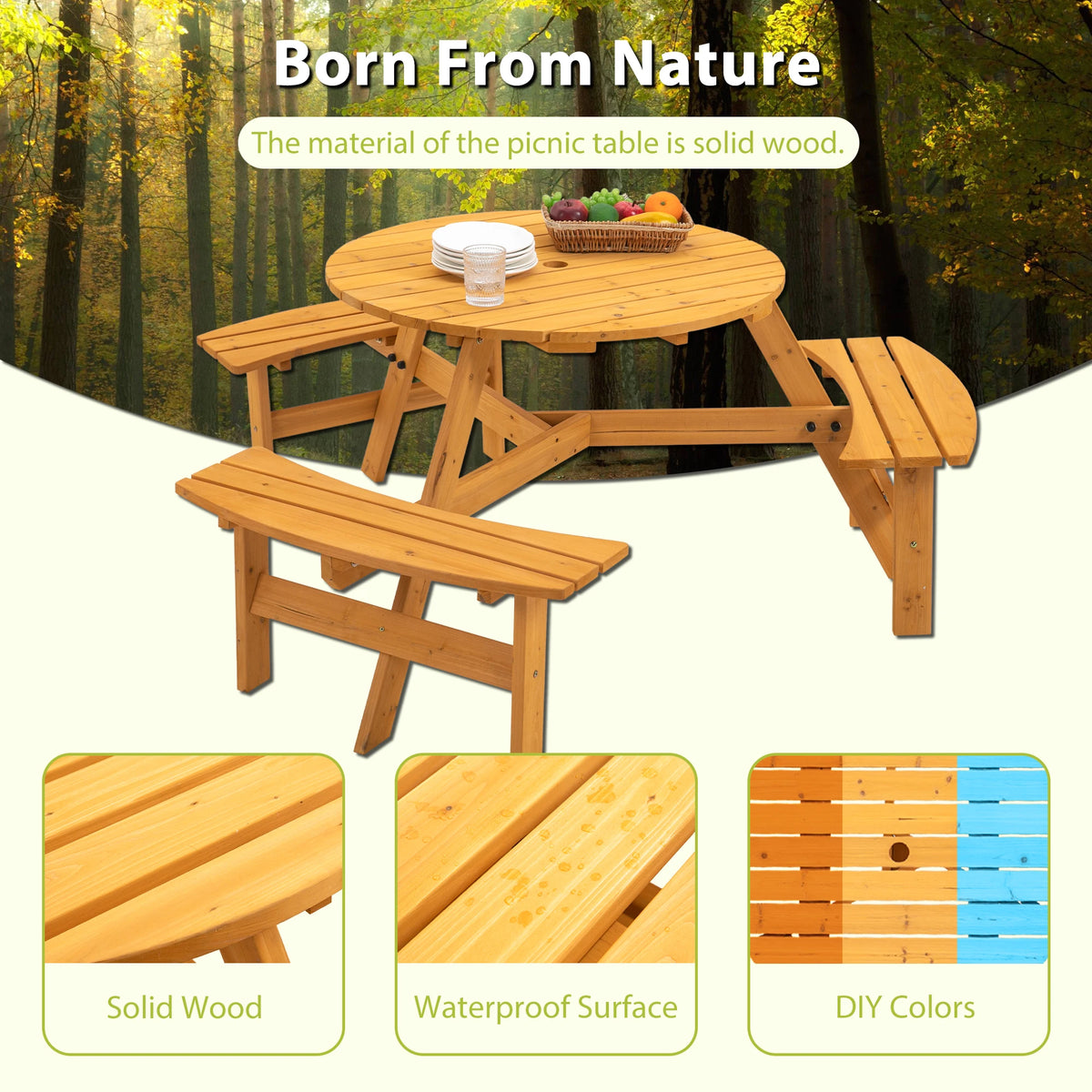 Solid Wood Round Picnic Table Set With Three Outdoor Benches