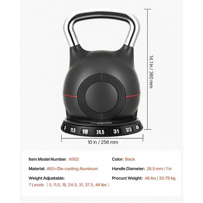 Kettlebell, Adjustable Kettlebell with 7 Weight Levels (5, 11.5, 18, 24.5, 31, 37.5, 44 lbs), Die-Cast Aluminum and ABS Material, for Grip Strength Training, Full-body Workout & Cross-Training