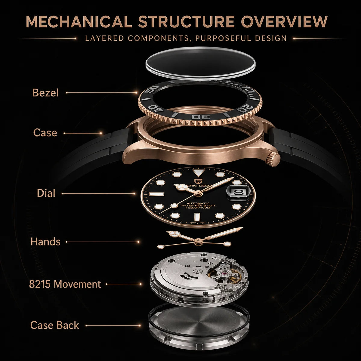 PAGANI DESIGN 2026 New 40MM Rose Gold Black Luxury Men Mechanical Watch Stainless Steel Sapphire Automatic Watch 100M Waterproof Watches for men
