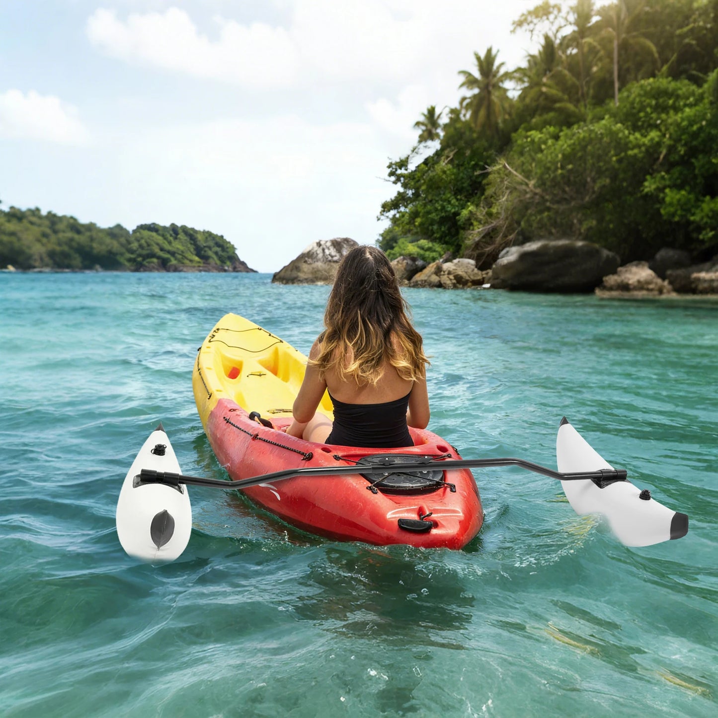 Inflatable Kayak Outrigger Stabilizer Set With Adjustable Aluminum Rods And Dual Air Valves For Anglers