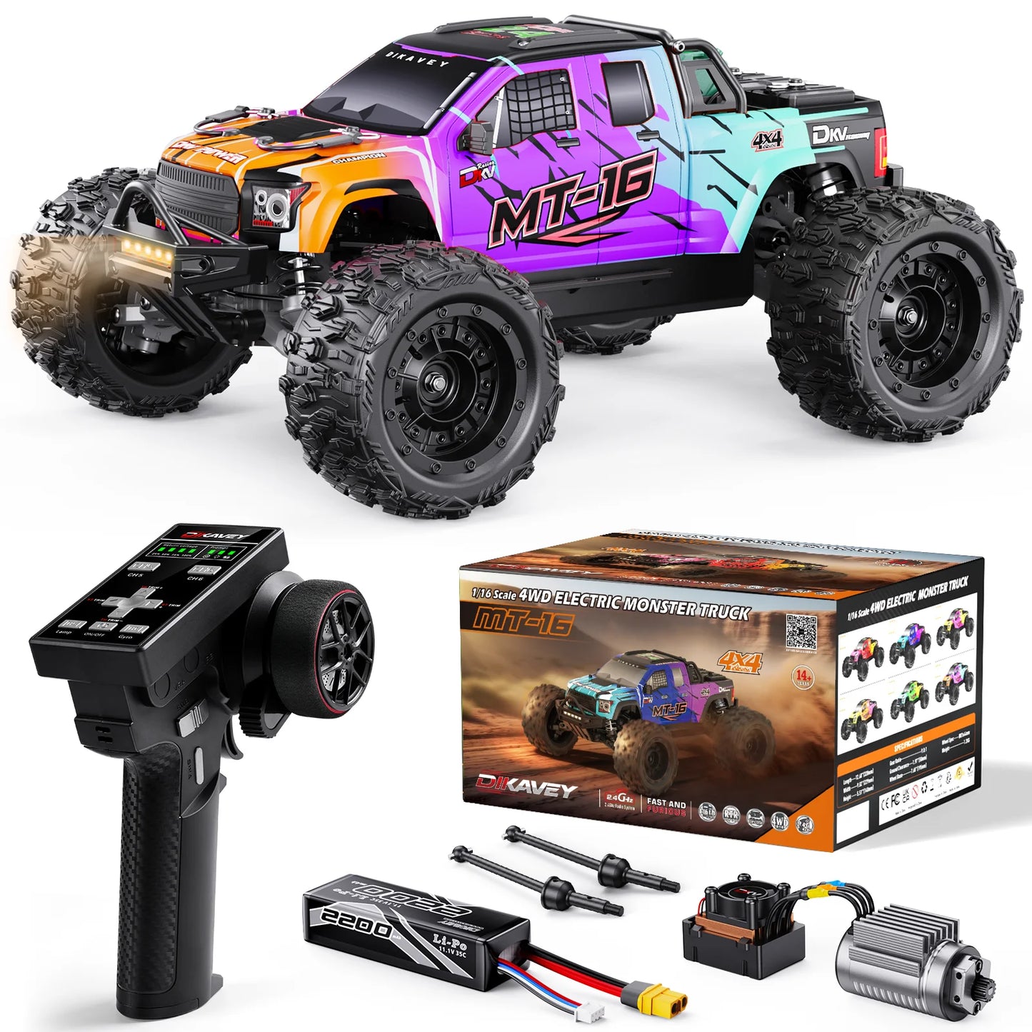 DIKAVEY 1 By 16 Brushless 4WD RC Monster Truck For RC Enthusiasts High Speed All Terrain 3S 2200mAh Battery Included