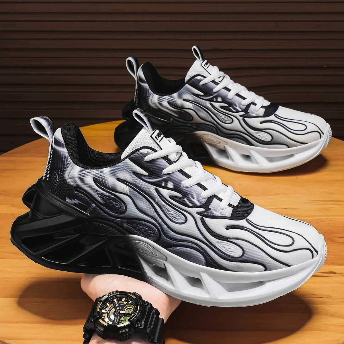 Unisex Flame Print Chunky Running Sneakers With Breathable Mesh