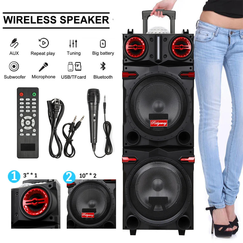 9000W Portable Bluetooth Speaker Heavy Bass Sound System Party Dual10" Subwoofer Led Light Rechargeable Loud Dj Speaker