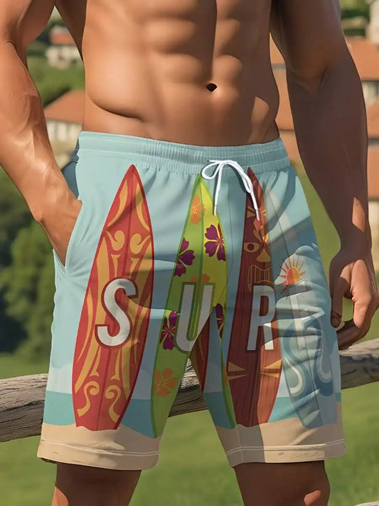 Mens Surf Board Print Swim Shorts Premium Lightweight Quick Dry Elastic Waist Beachwear For Men