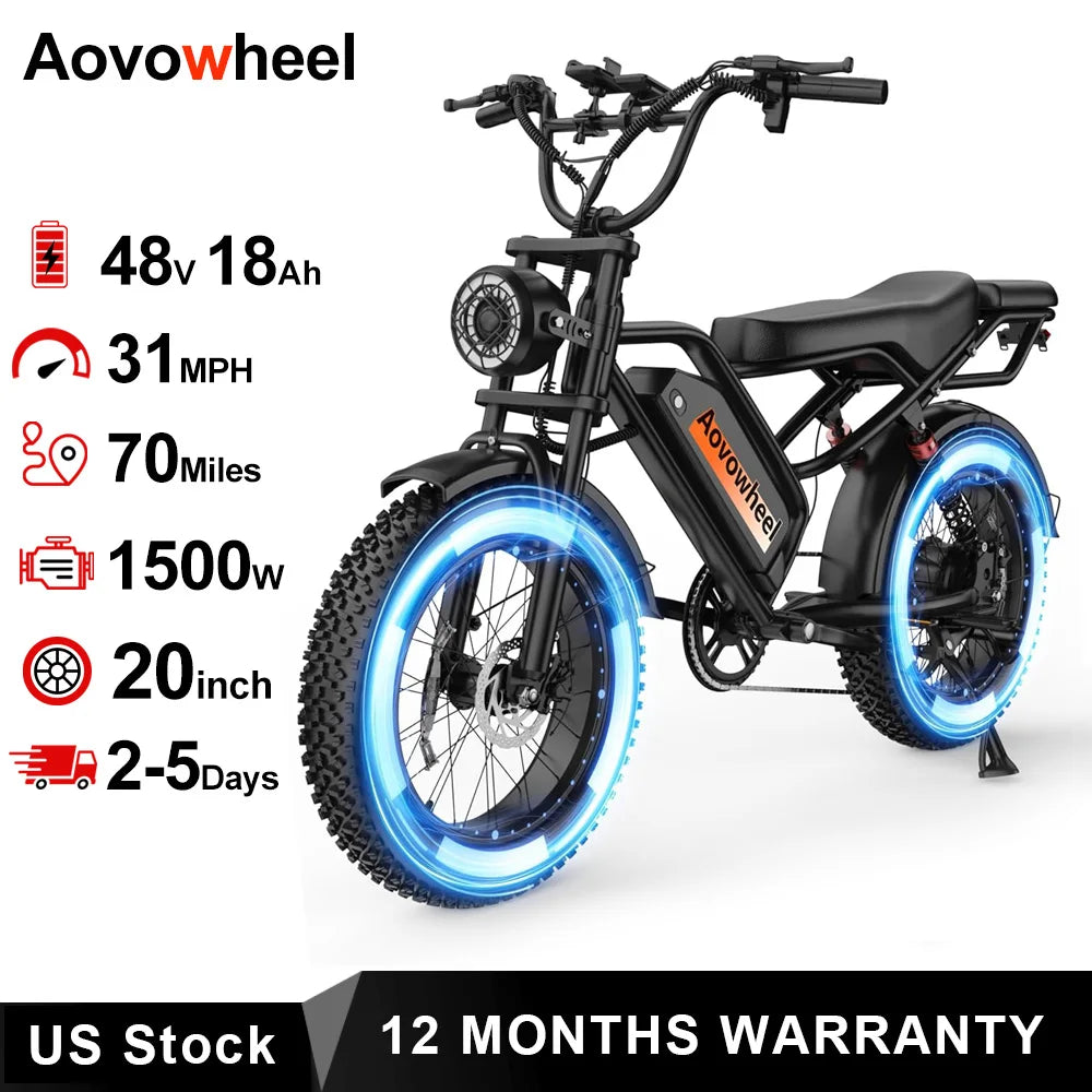 AOVOWHEEL AW2PRO Electric Bike 1500W Fat Tire MTB Dual Disc Brakes 31MPH Top Speed 70 Mile Range For Adventurous Riders