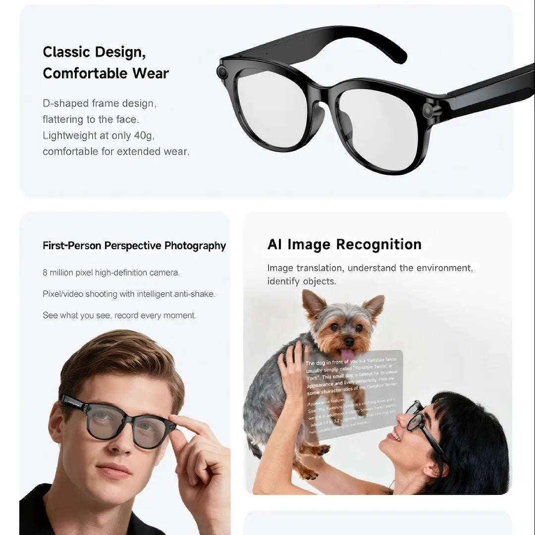 Smart glasses with a camera, 8-megapixel HD resolution, 3 interchangeable lens options, image stabilization, photo and video cap