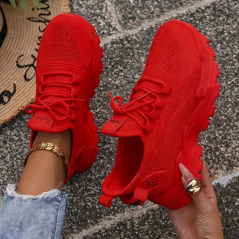 Womens Chunky Platform Knit Mesh Walking Sneakers With Wavy Sole