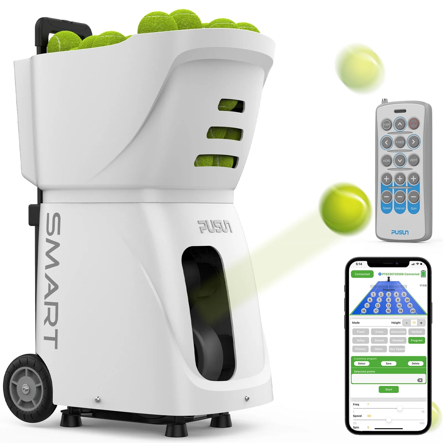 PUSUN Tennis Ball Machine PT Smart Launcher For All Levels 100 Ball Capacity 4-6 Hour Battery Life Adjustable Elevation
