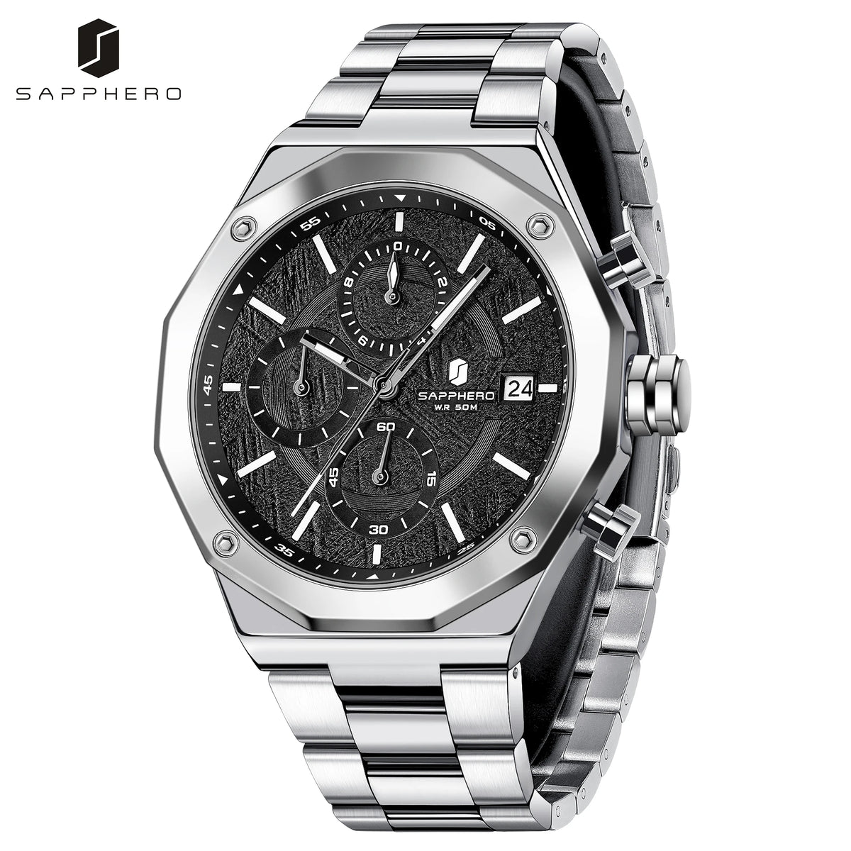 SAPPHERO Men's Chronograph Quartz Watch 5ATM Waterproof Stainless Steel Wristwatch Business Sport Fashion Casual Watch for Men Daily Wear Gift for Father Husband