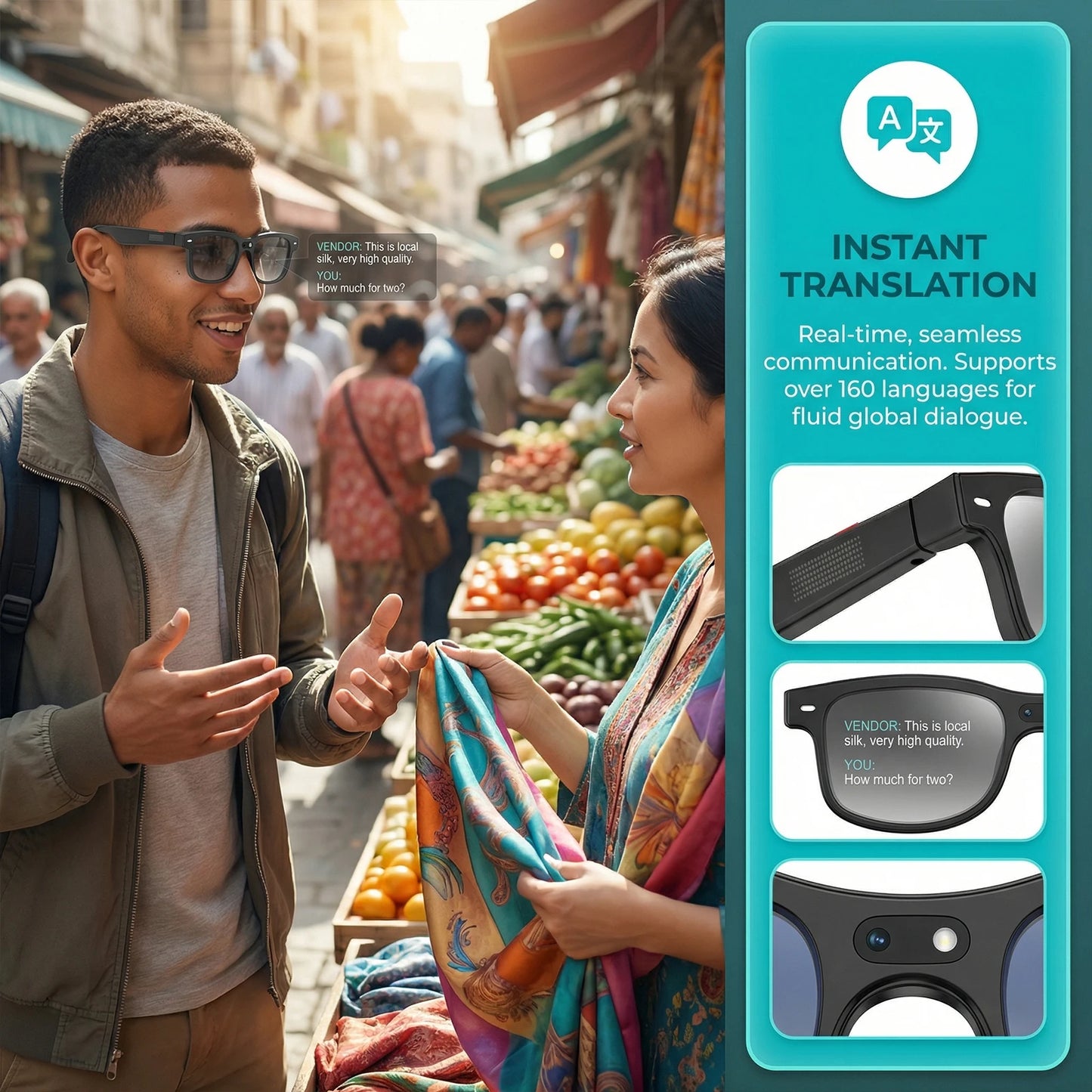 Smart Glasses Real Time Translation 160 Languages 8MP HD Camera