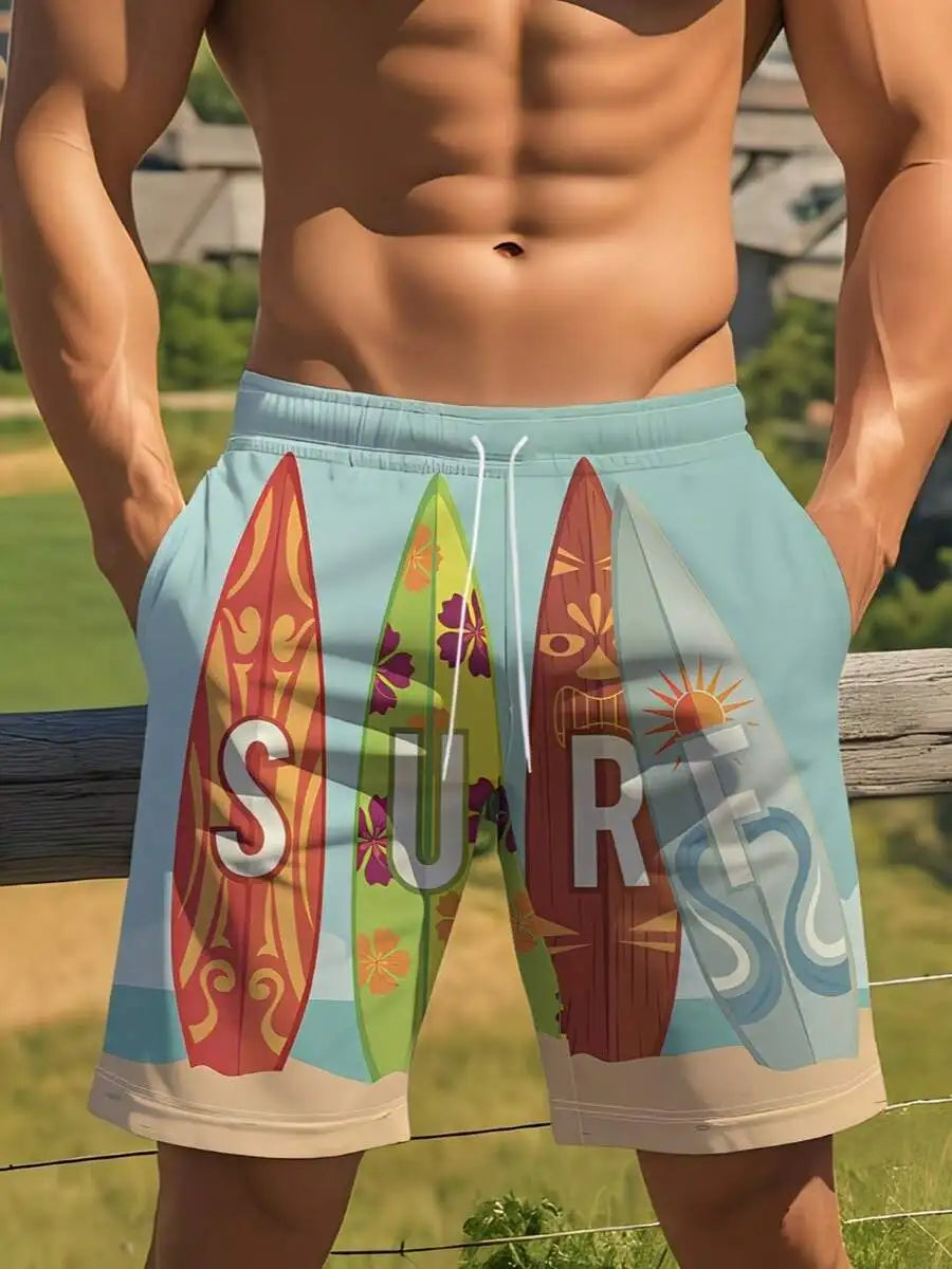 Mens Surf Board Print Swim Shorts Premium Lightweight Quick Dry Elastic Waist Beachwear For Men
