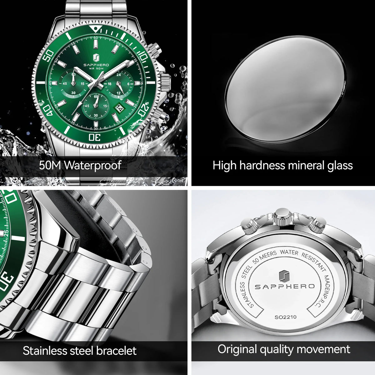 SAPPHERO Men's Stainless Steel Quartz Chronograph Waterproof Watch