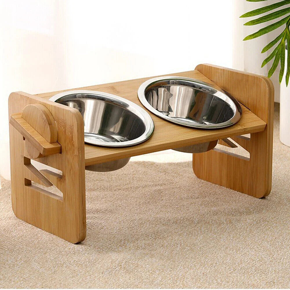 Elevated Adjustable Dog Feeding Station With Bamboo Frame Stainless Bowls