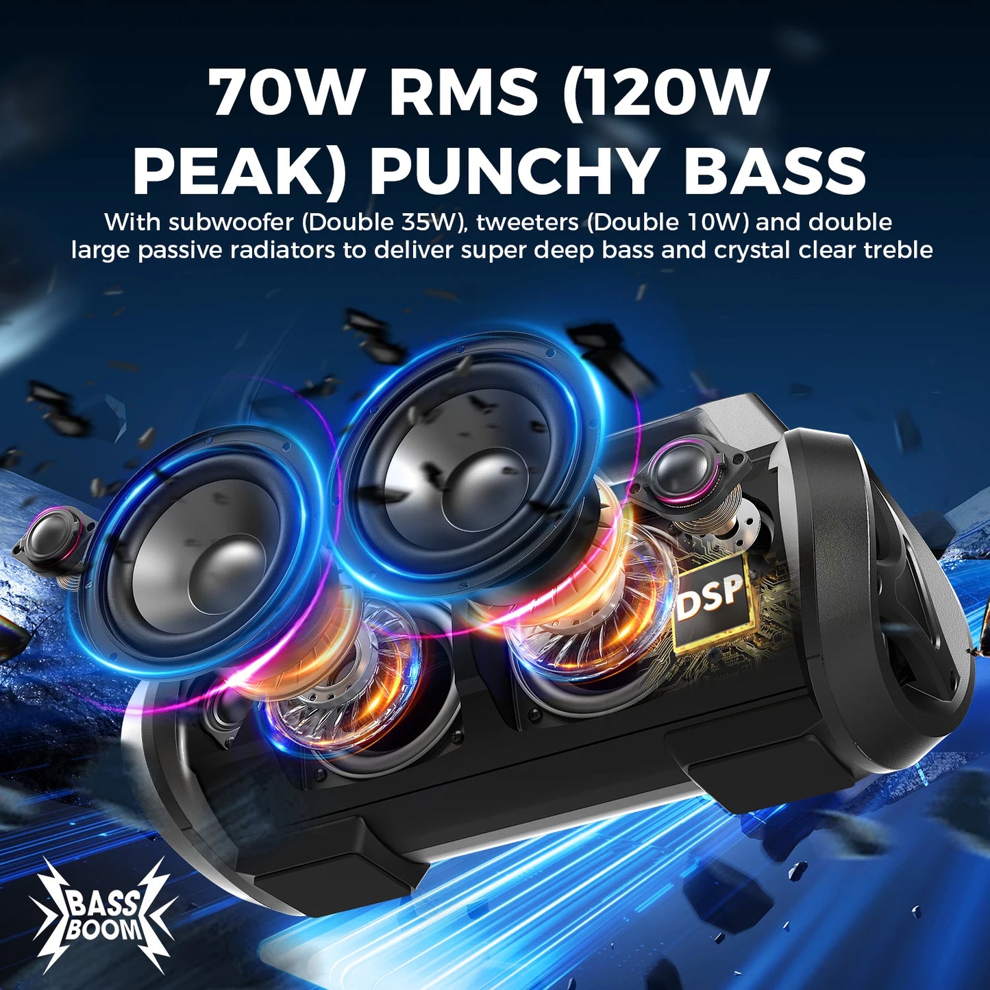W-King 70W RMS Bluetooth Portable Speaker IPX6 Waterproof With Subwoofer