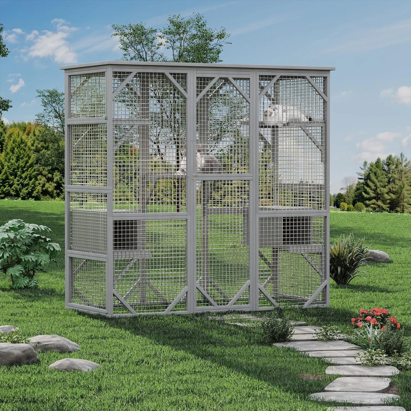 HiMISS Large Walk In Cat Catio Enclosure Weather Resistant Cedar Multi Level With Window And Locking Doors For Cats