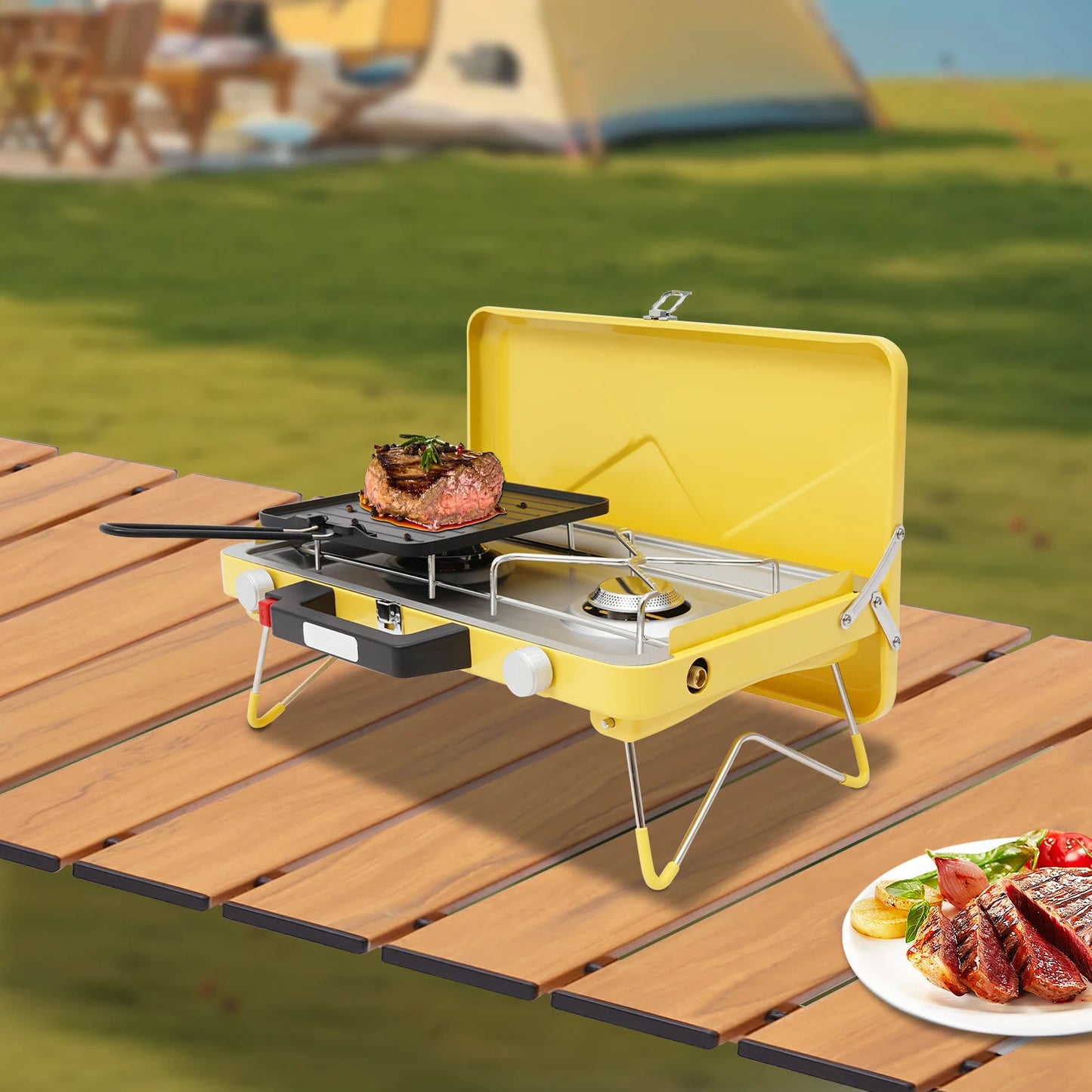 Portable Outdoor Propane Gas Stove Two Burners Windshield For Camping