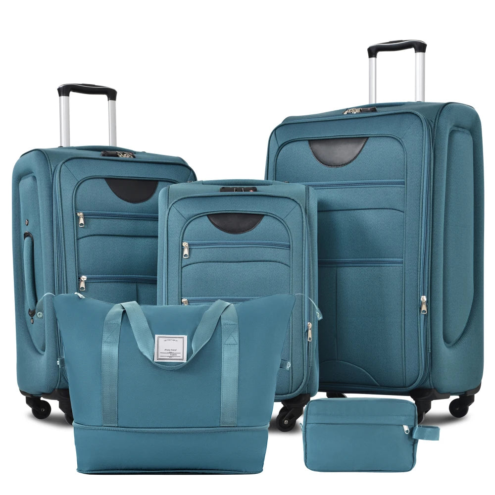 5 Piece Expandable Soft Shell Luggage Set Polyester Spinner Suitcases TSA Locks