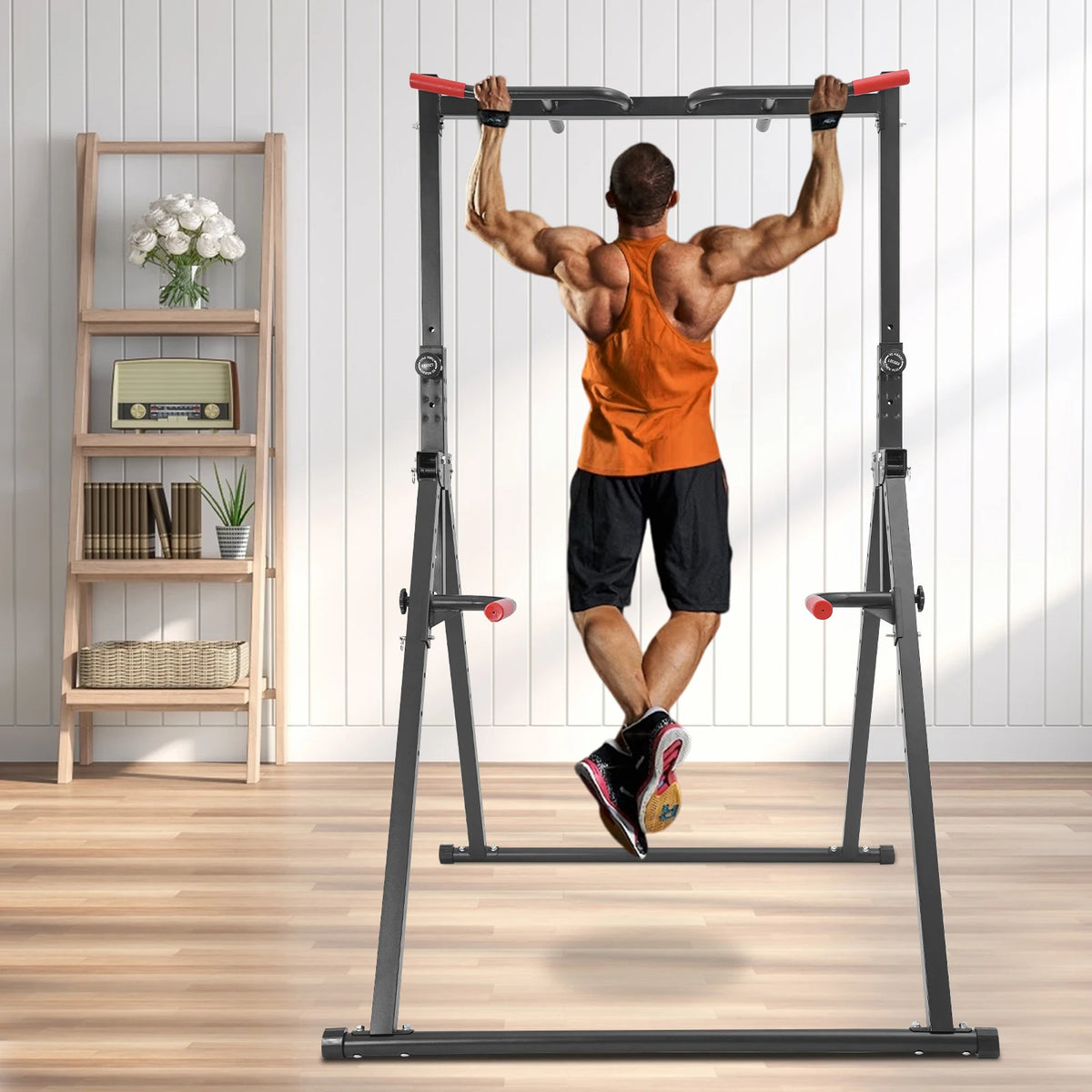 Foldable Power Tower Dip Station With Adjustable Pull Up Bar