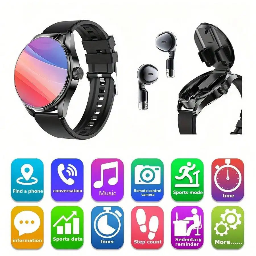 Smartwatch With Earbuds, 1.46-Inch Full Touch Screen, Wireless Voice Calling, Multiple Sports Mode Tracking, Weather Reminder, Message Reminder, DIY Watch Face, Smart Watch For Android And IOS