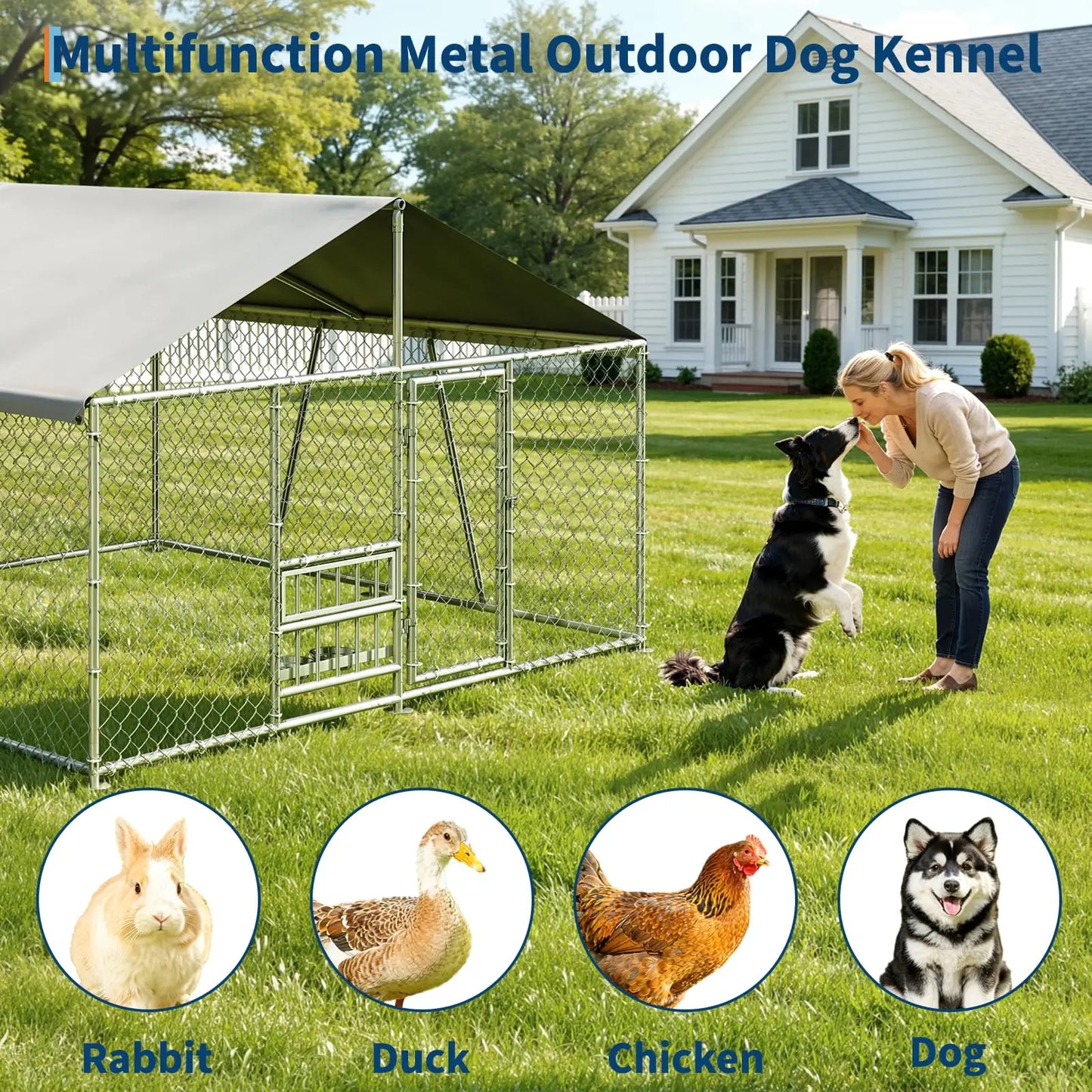 DishyKooker Outdoor Dog Kennel 10x10ft With PE Waterproof Roof 360° Feeding Door Heavy Duty Galvanized For Outdoor Pets