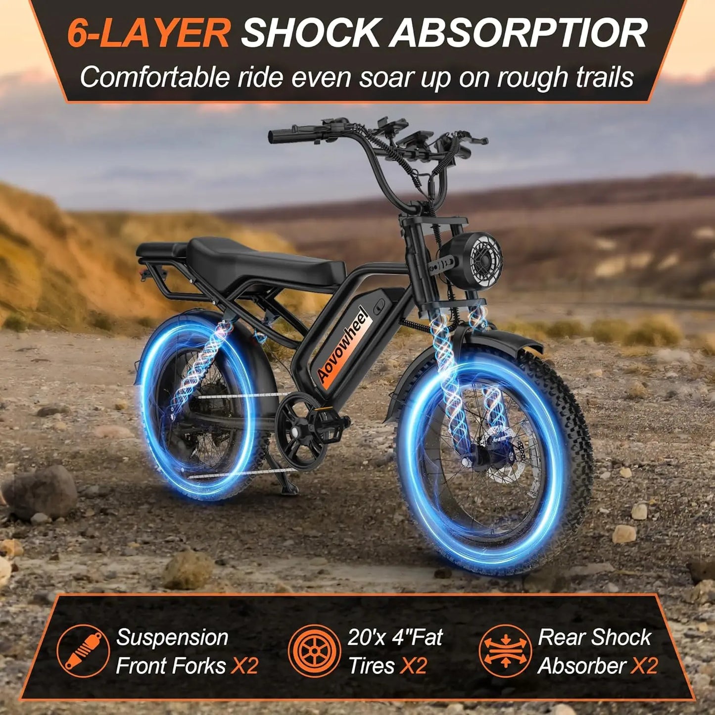 AOVOWHEEL AW2PRO Electric Bike 1500W Fat Tire MTB Dual Disc Brakes 31MPH Top Speed 70 Mile Range For Adventurous Riders