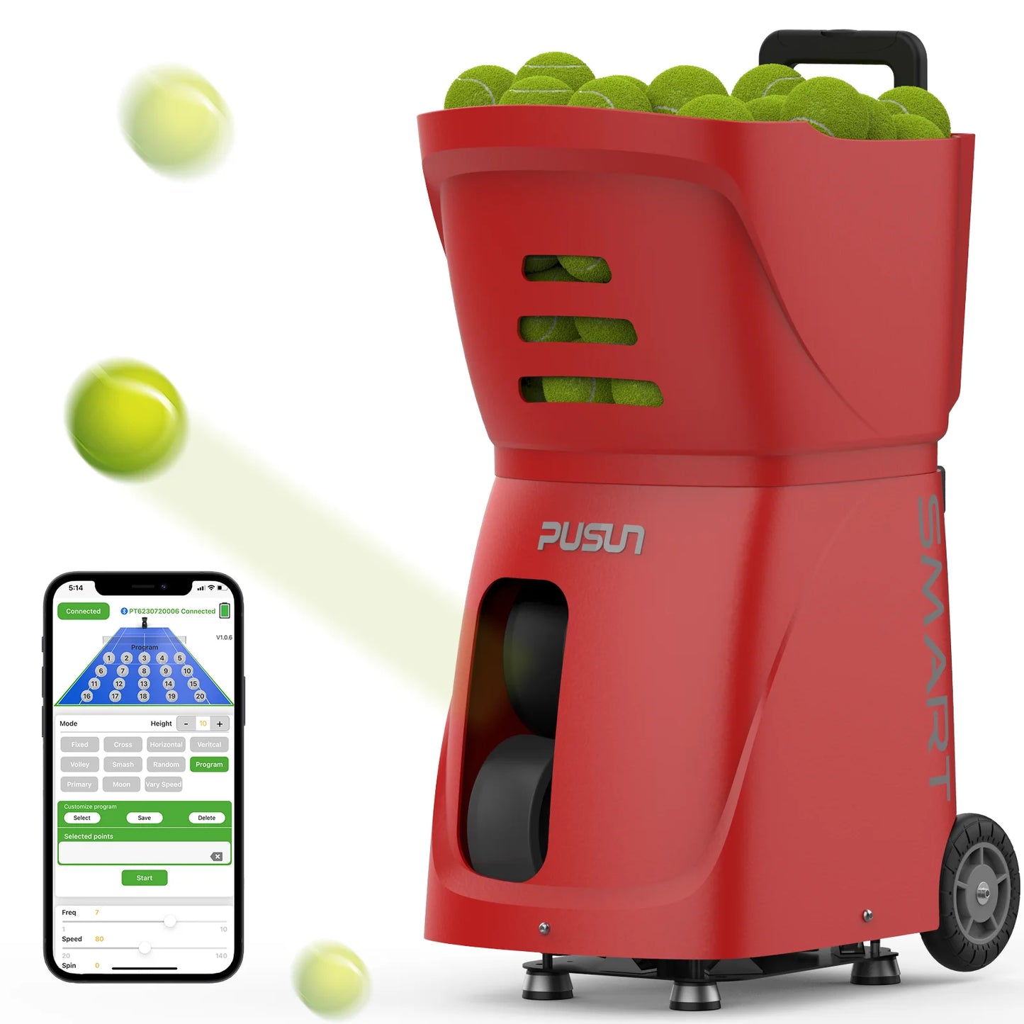 PUSUN Tennis Ball Machine PT Smart Launcher For All Levels 100 Ball Capacity 4-6 Hour Battery Life Adjustable Elevation