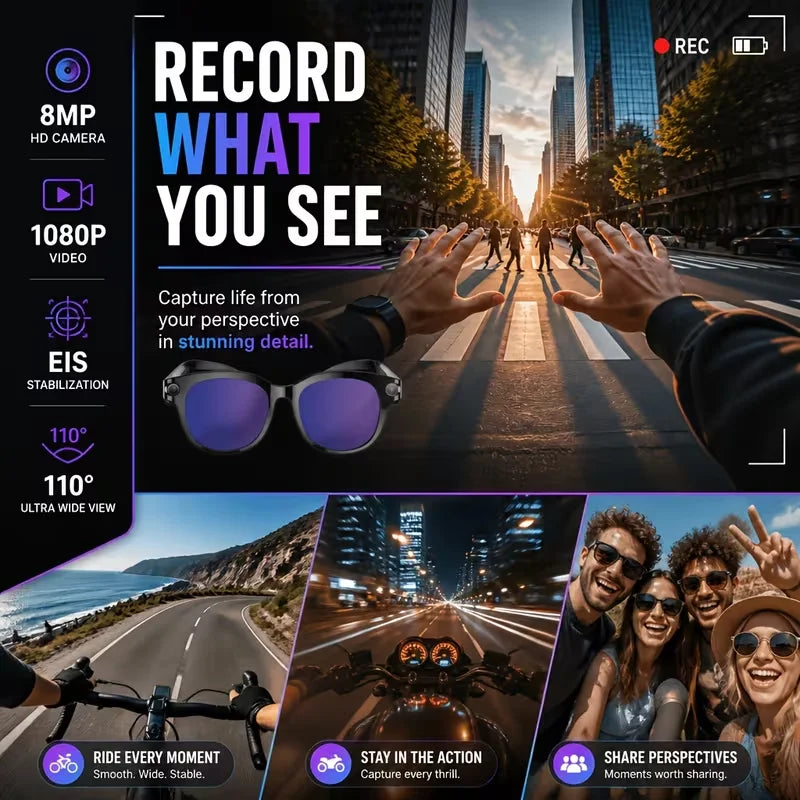 Smart glasses with a camera, 8-megapixel HD resolution, 3 interchangeable lens options, image stabilization, photo and video cap