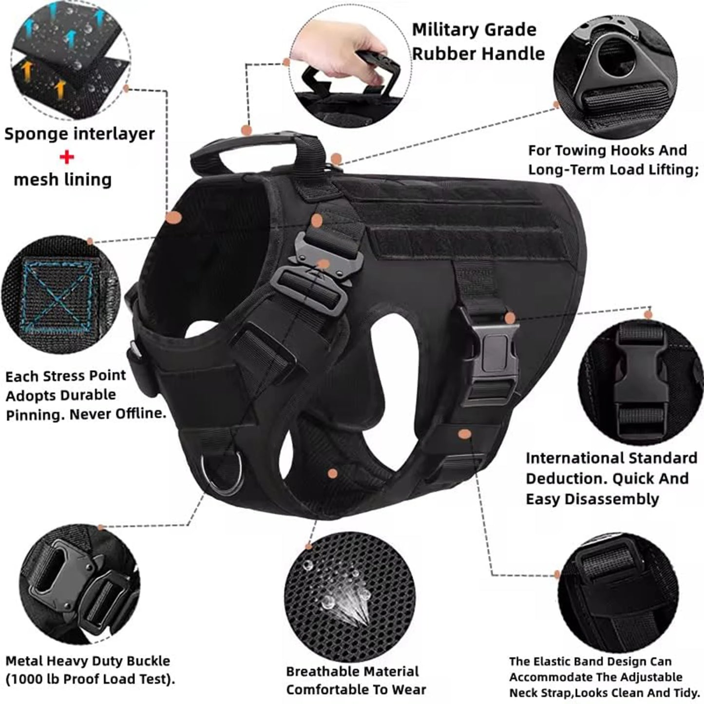MOLLE Tactical Dog Harness With Padded Quick Release Buckles