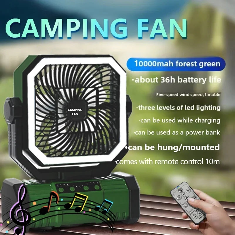 Outdoor Camping Fan With Bluetooth Speaker Portable Hook