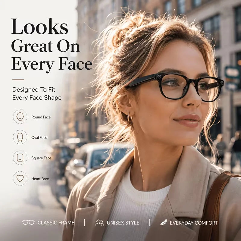 Smart glasses with a camera, 8-megapixel HD resolution, 3 interchangeable lens options, image stabilization, photo and video cap