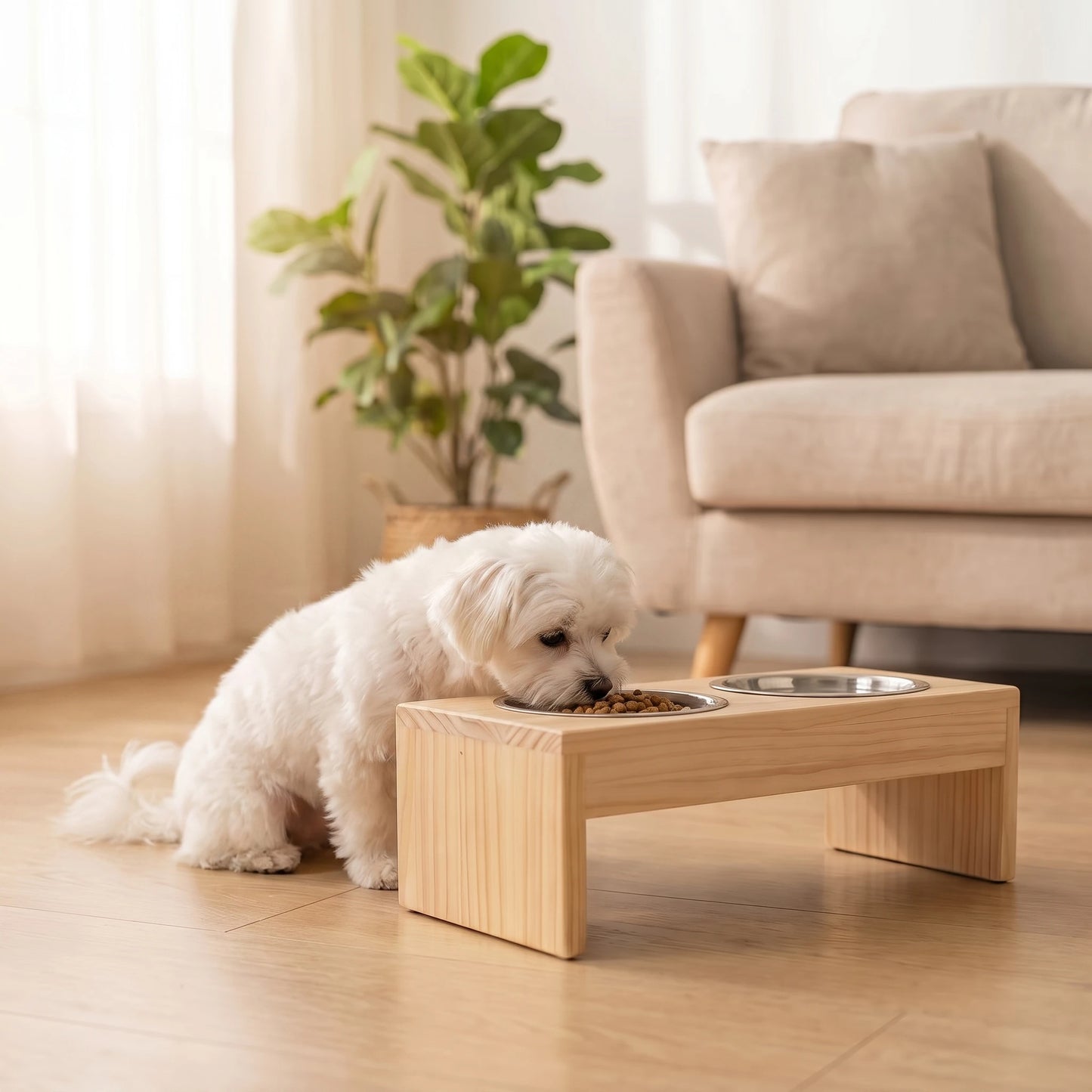 Elevated Wooden Dog Bowls Stand with Double Stainless Steel Bowls, Raised Pet Feeder Holder for Food & Water, Dog Feeding Station