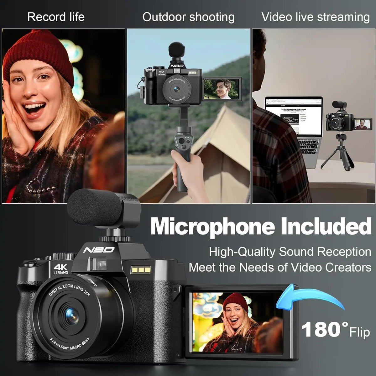 NBD 4K Digital Cameras for Photography,48MP Camera,Travel Vlogging Cameras with 16X Digital Zoom,180°Flip Screen,52mm Macro Lens