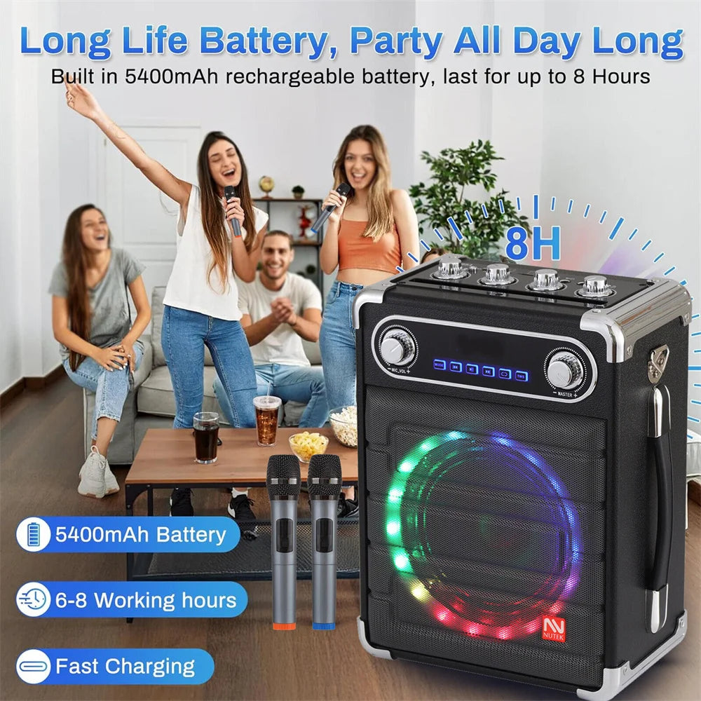 CURUK Loud Portable Bluetooth Karaoke Speaker With 2 Wireless Mics And LED Light