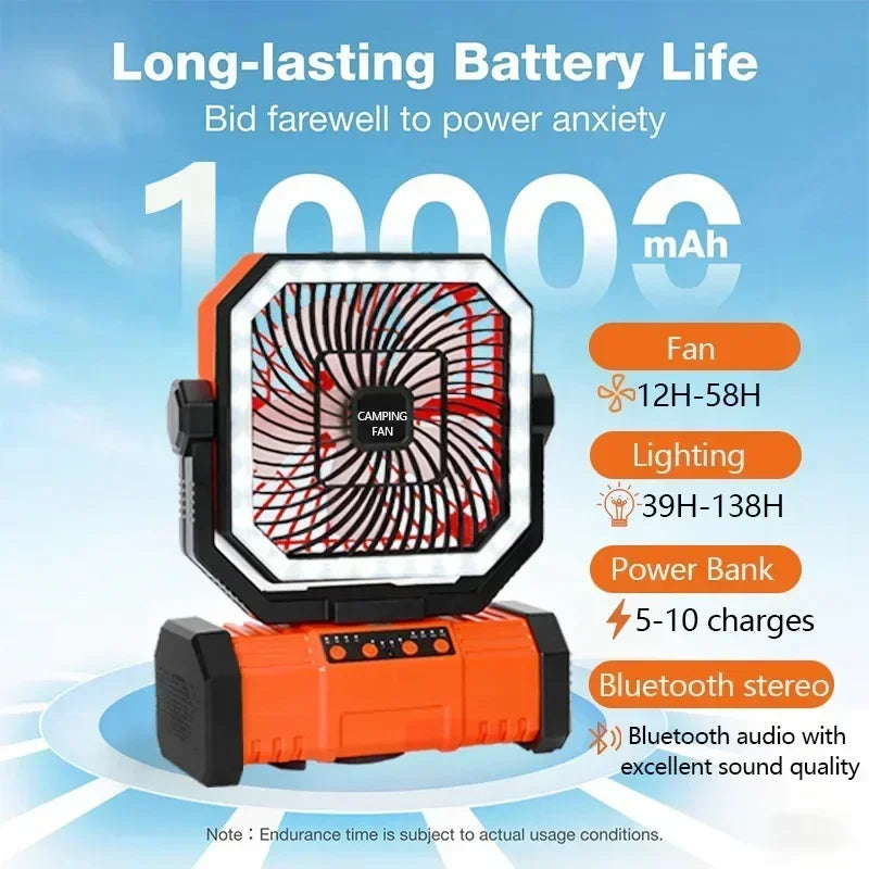 Outdoor Camping Fan With Bluetooth Speaker Portable Hook