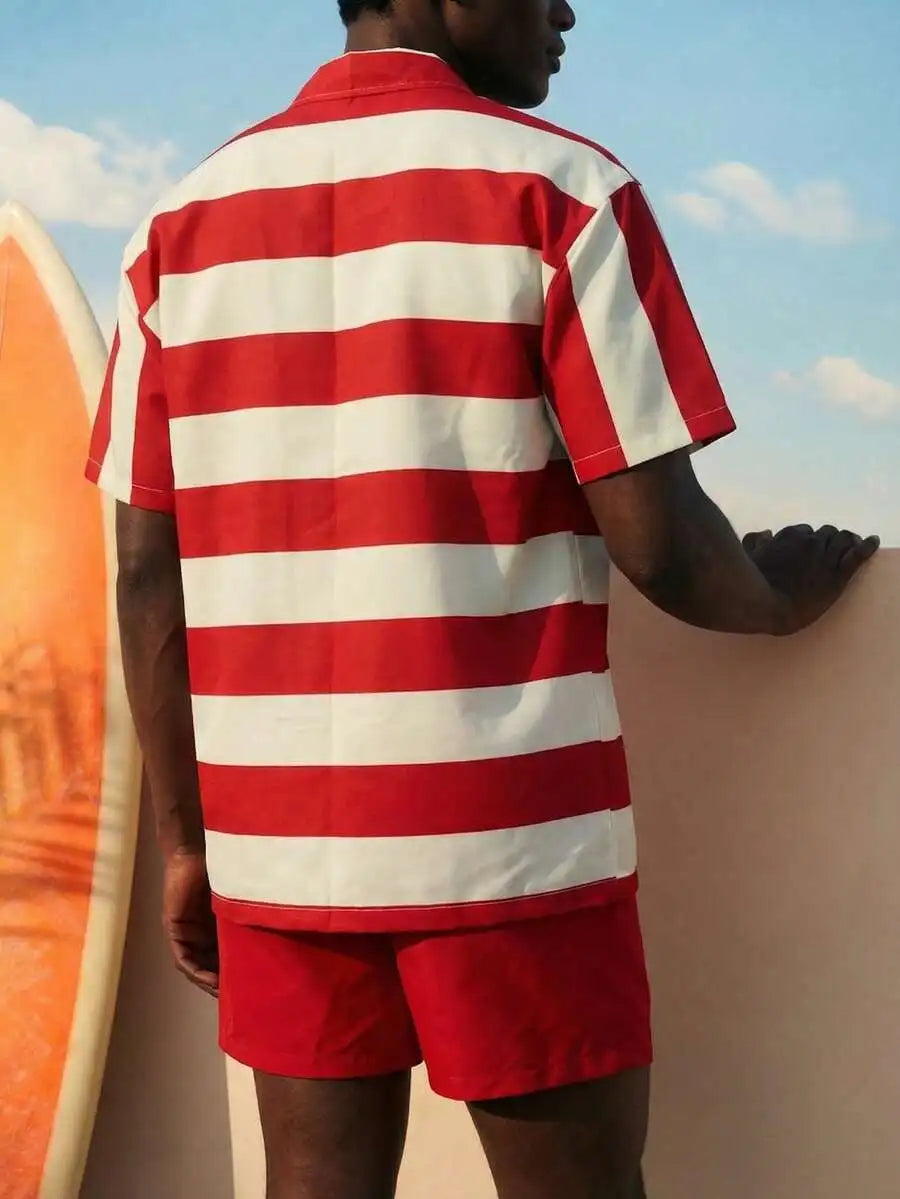 Mens Red And White Striped Short Sleeve Shirt And Solid Red Swim Shorts Two Piece Beach Resort Outfit