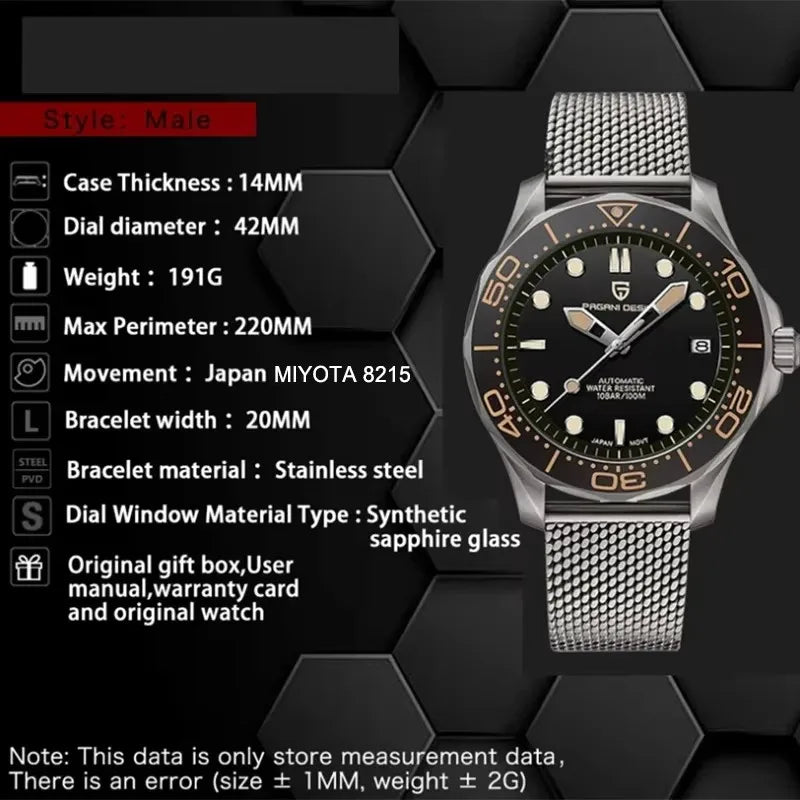 Pagani Design Automatic Men's Watch Sapphire Crystal Waterproof Luminous