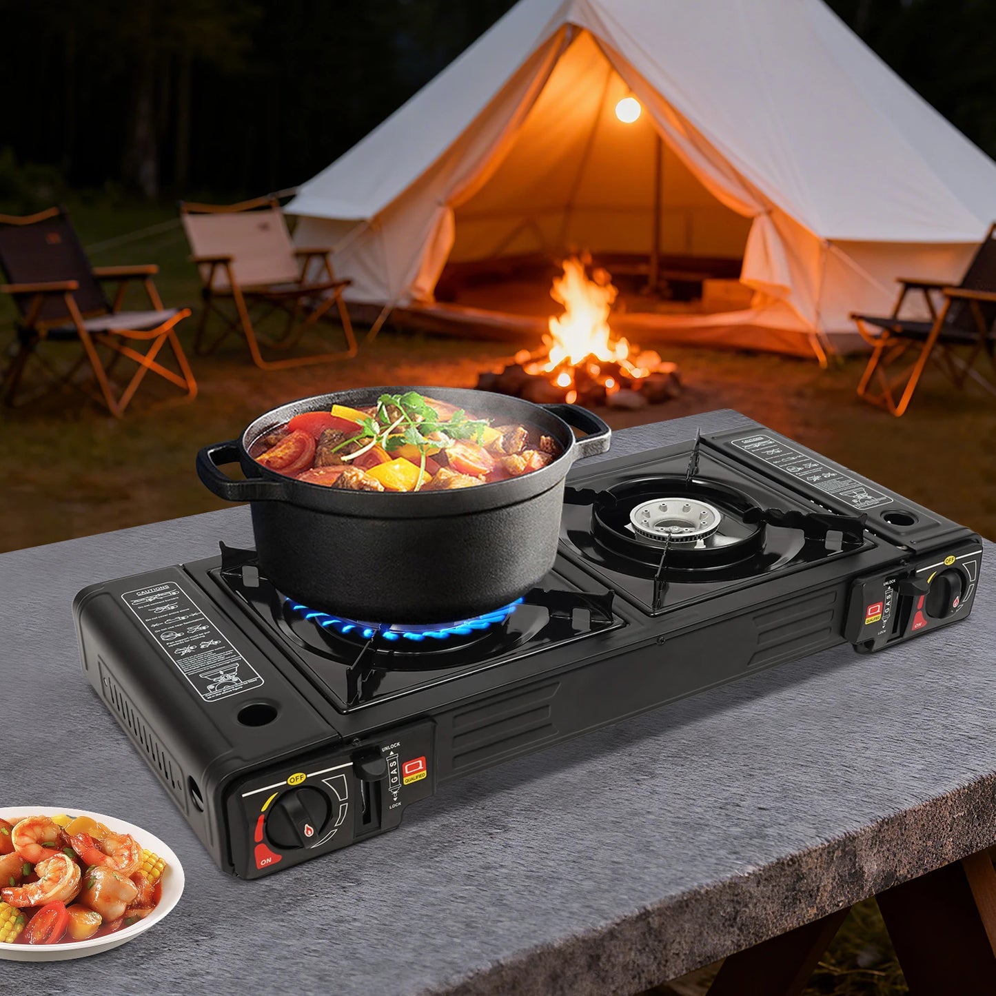 Portable 2 Burner Aluminum Camping Stove With Baking Pan Kit