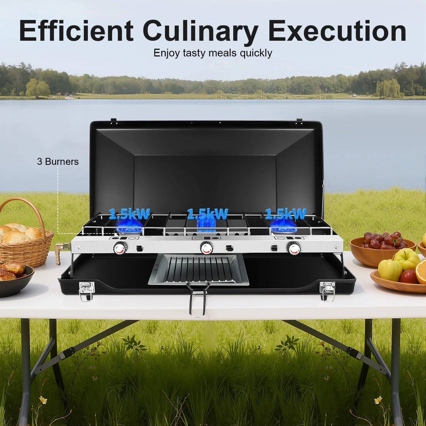 Portable 3 Burner Gas Stove Campfire Grill For Camping