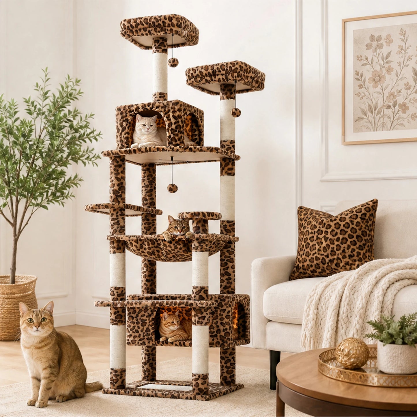 Multi-Level Leopard Cat Tree for Indoor Cats Large Cat Tower with Sisal Scratching Posts Cozy Cat Condo Spacious Hammock Soft Top Perch Cat Toys