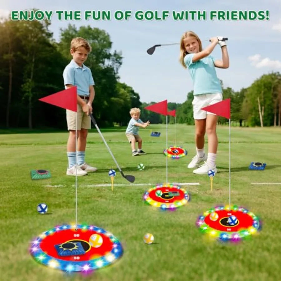 Light Up LED Backyard Golf Play Set Upgrade With 6 Targets 2 Clubs 18 Balls For Family Fun Night Golf