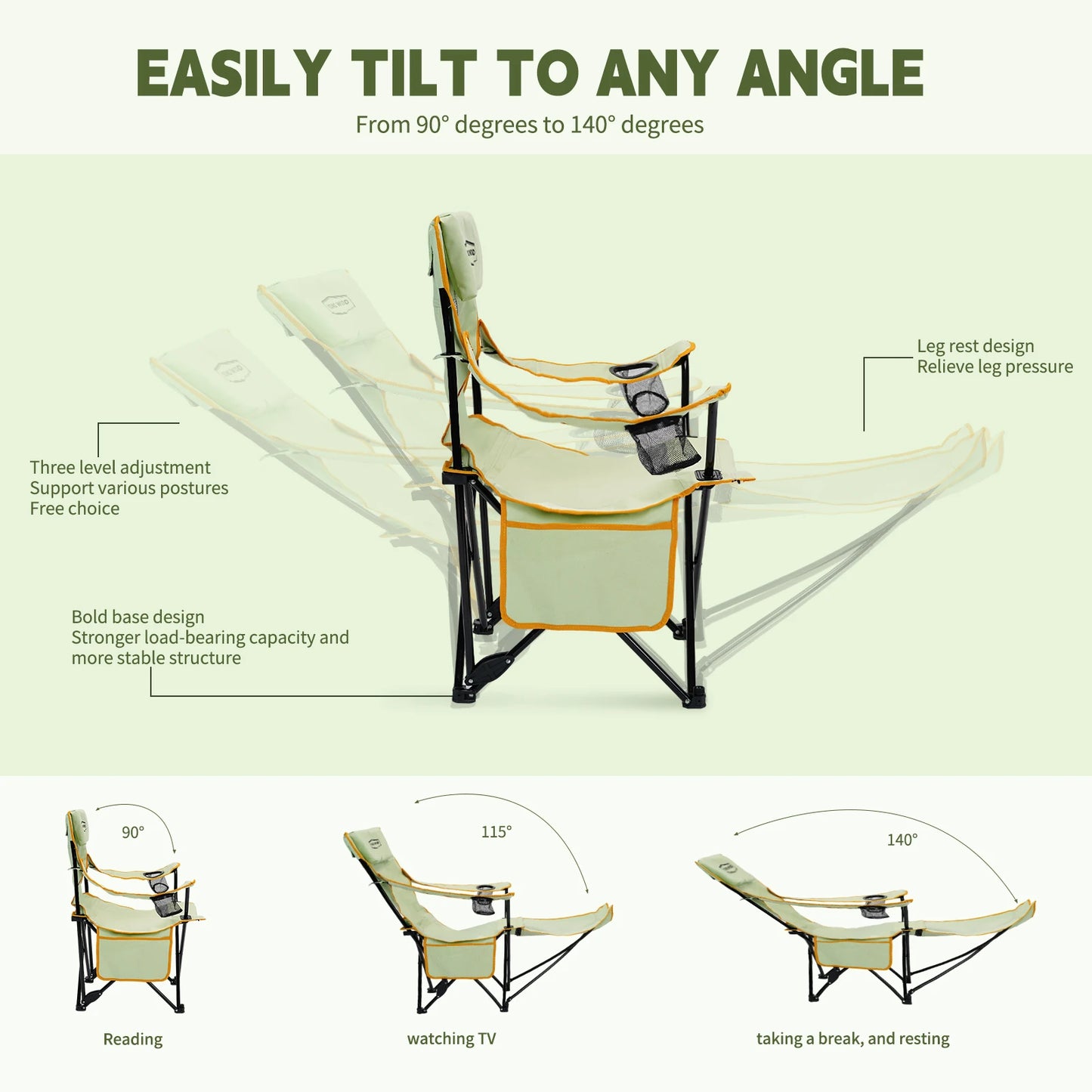 GERC Young Wood Two In One Reclining Camping Chair Footrest
