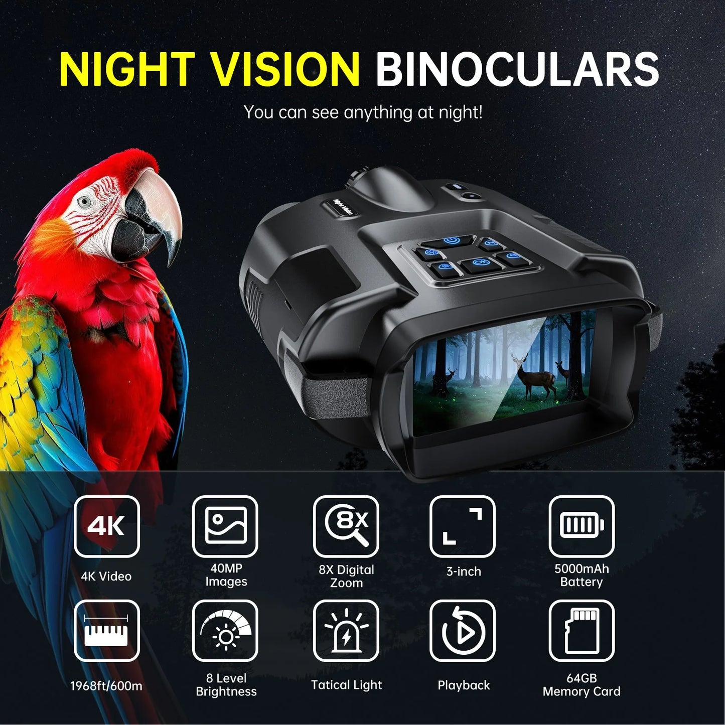 DIYIMIN Night Vision Binoculars 4K Infrared 8X Digital Zoom Goggles Rechargeable