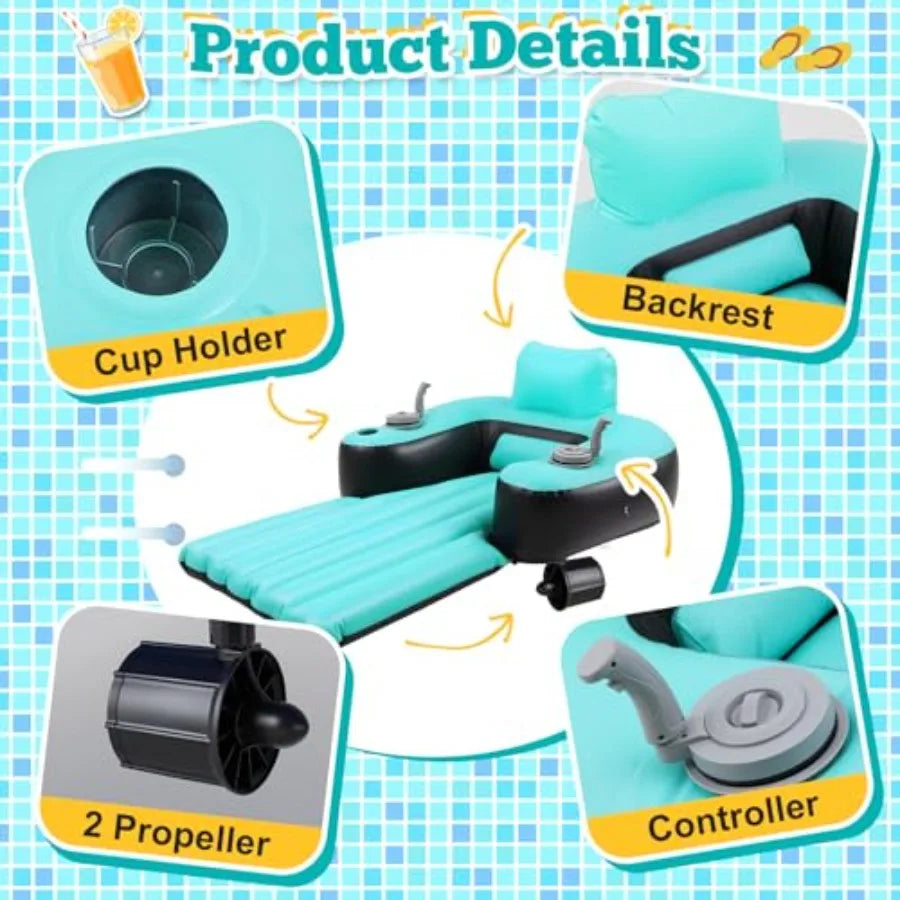 Motorized Pool Float For Adults With Dual Motors Cup Holders Backrest And Foot Pump In Blue Durable PVC