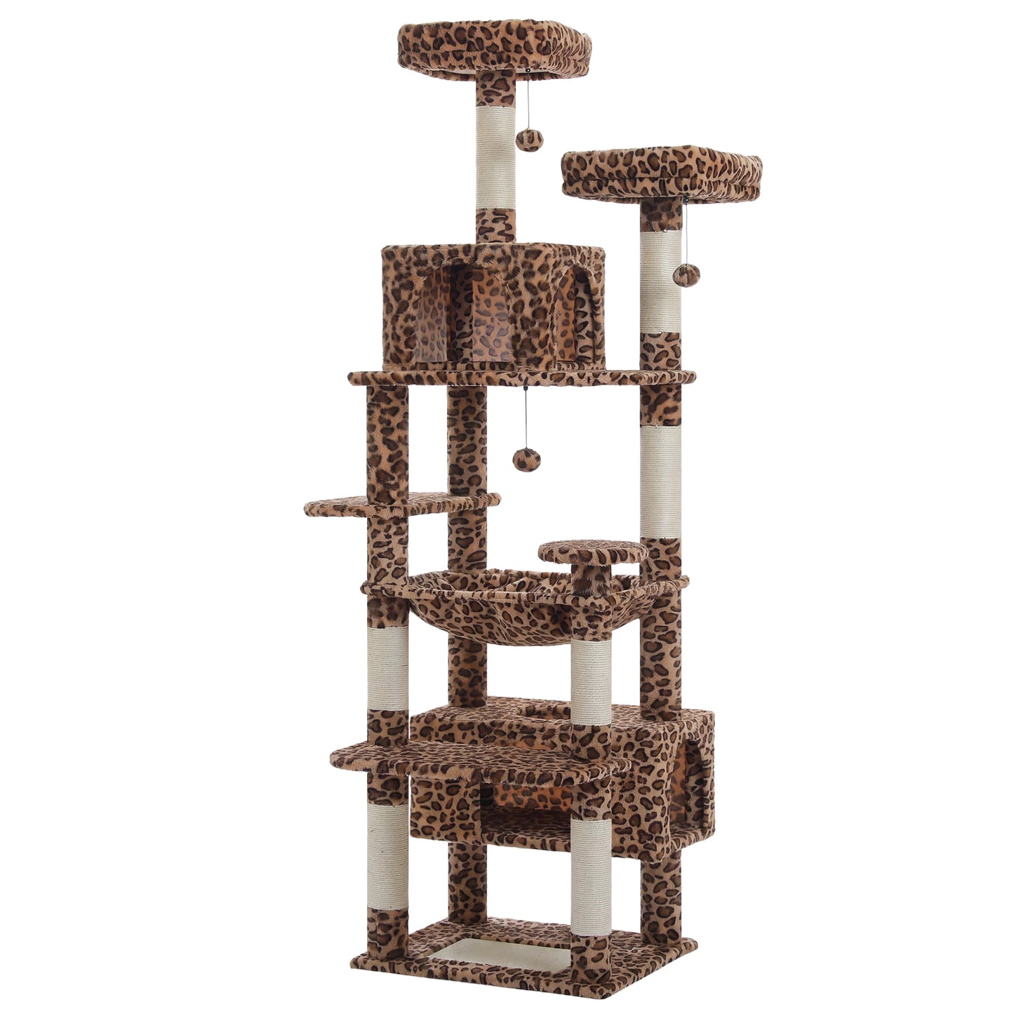 Multi-Level Leopard Cat Tree for Indoor Cats Large Cat Tower with Sisal Scratching Posts Cozy Cat Condo Spacious Hammock Soft Top Perch Cat Toys